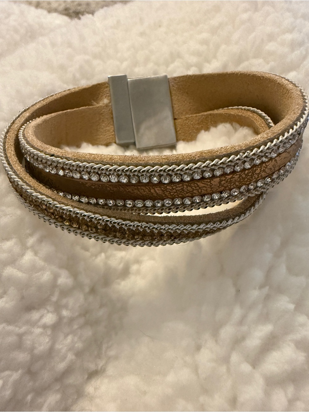 Buckle Tan Wrap Bracelet with Silver Crystals